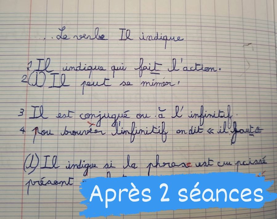 Cahier après 2 séances : une leçon de grammaire dans le cahier