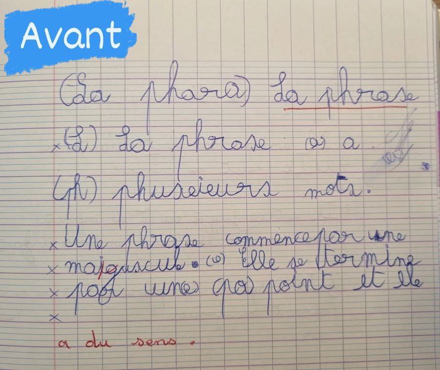 Cahier avant les séances : une leçon de grammaire dans le cahier