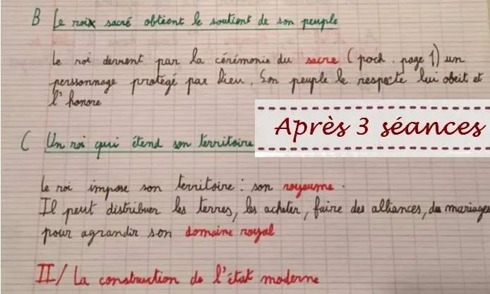 Cahier après 3 séances : un cours d'histoire recopié en classe