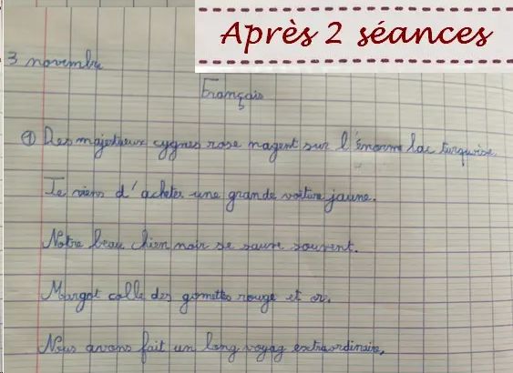 Cahier après 2 séances : des phrases recopiées du tableau