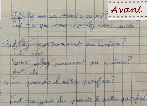 Cahier avant les séances : des phrases recopiées du tableau